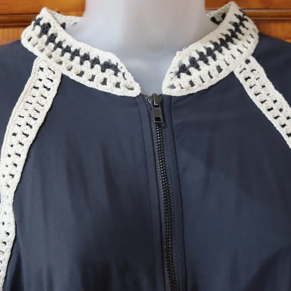 Free People Navy Blue Crochet Trim Zip Front Cropped Bomber Jacket Medium - Picture 4 of 16